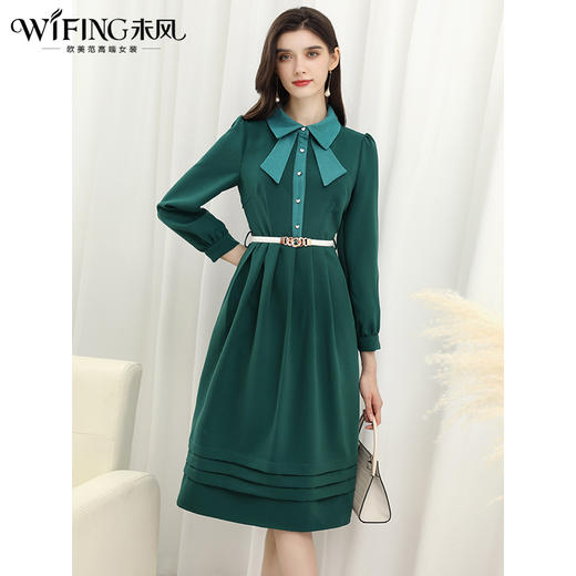 未风绿色娃娃领连衣裙女秋冬2025年春季新款女装显瘦打底内搭裙子 商品图0