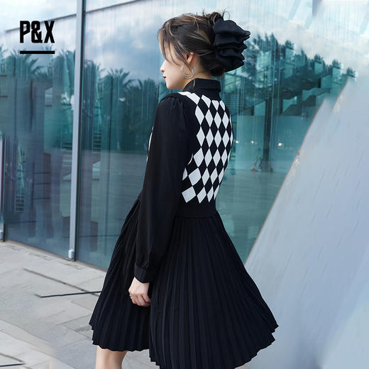PX女装春季新款  学院风两件套装短裙菱格 824114814 黑色 商品图1