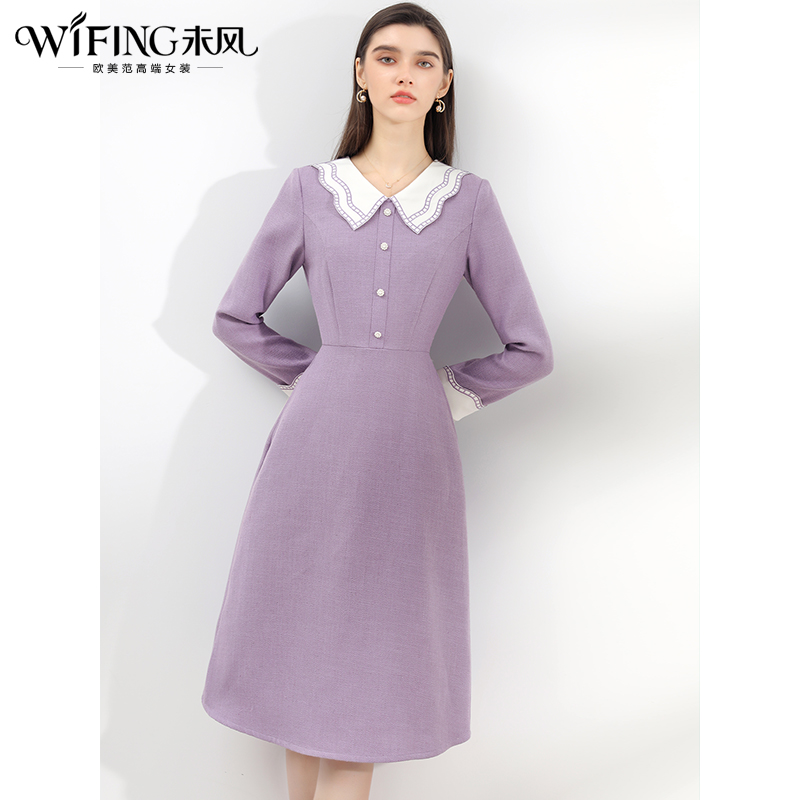 未风紫色娃娃领新年连衣裙女冬2023冬季新款女装小香风娃娃领裙子