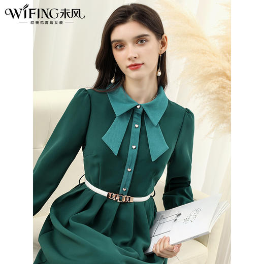 未风绿色娃娃领连衣裙女秋冬2025年春季新款女装显瘦打底内搭裙子 商品图1