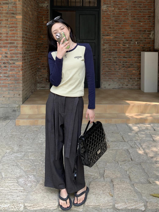 基础款撞色T恤 春款长袖T恤  时尚百搭 修身显瘦 韩国ins风 商品图1