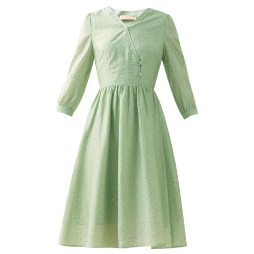 勿忘花绿色气质天丝连衣裙女装2023秋季新款复古时尚名媛别致裙子 商品图3