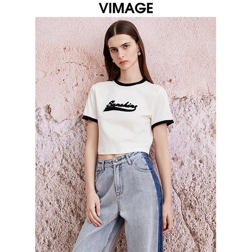 VIMAGE纬漫纪夏季新款时尚百搭打底舒适撞色短款T恤女V2102706 商品图2