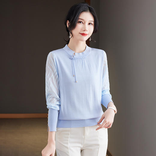 春秋新款，中式长袖t恤女宽松妈妈针织冰丝打底衫圆领薄上衣CC-101-8A704 商品图3