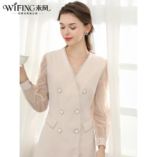 未风杏色网纱拼接连衣裙女春2024年春季新款女装时尚显瘦长袖裙子 商品图2