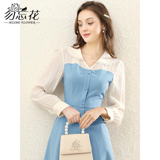 勿忘花天蓝色拼接假两件连衣裙女2025春季新款长袖娃娃领内搭裙子 商品图1