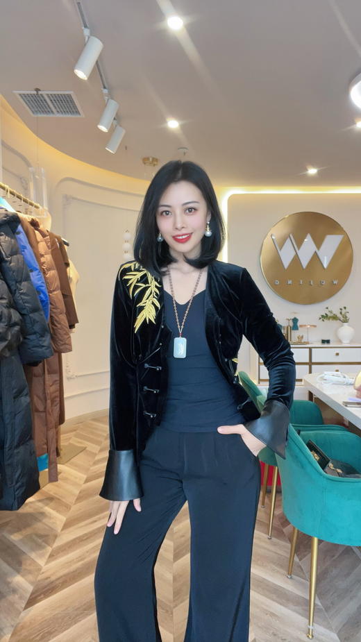 【雾境定制】黑金锦竹高级感新中式拼皮刺绣上衣外套  3203095 商品图7