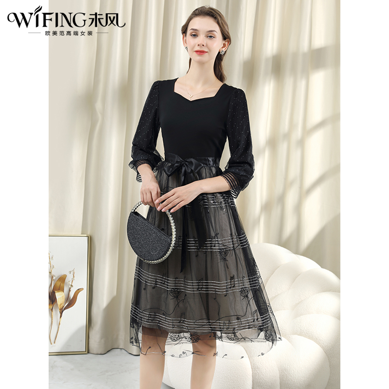 未风黑色网纱连衣裙女春2024春季新款女装气质假两件收腰a字裙子