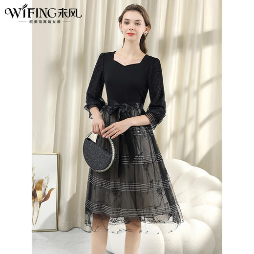 未风黑色网纱连衣裙女春2024春季新款女装气质假两件收腰a字裙子 商品图0