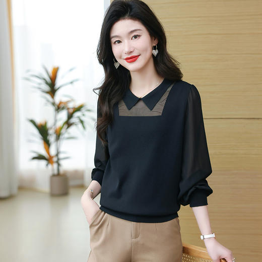 娃娃领雪纺拼接长袖t恤打底衫，内搭早春新款女装冰丝针织上衣CC-28-1150 商品图0
