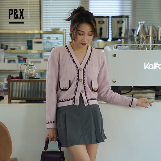 PX女装春季新款 v领针织毛衣外套开衫长袖淑女 824113731 粉色 商品图0