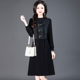 QYM-53408新中式假两件连衣裙黑色高腰长袖时尚气质优雅女装春装新款A字裙