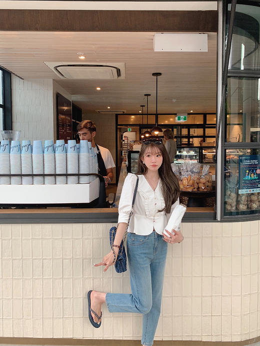 金蘑菇菇 布丁软软牛仔/ 直筒九分软薄弹力百搭牛仔裤显瘦显腿直 商品图0