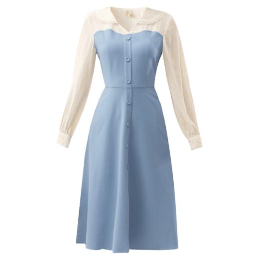 勿忘花天蓝色拼接假两件连衣裙女2025春季新款长袖娃娃领内搭裙子 商品图3