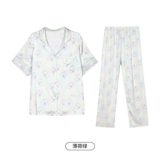 都市丽人好睡好眠春夏睡衣女冰雪丝印花家居服薄款短袖长裤女士丝质套装LH41B4 商品图9
