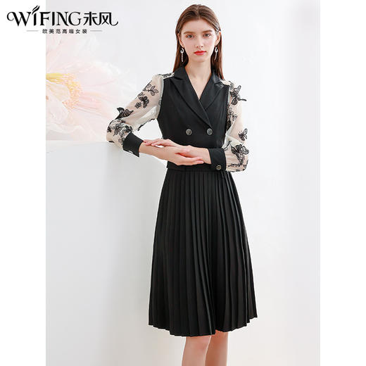 未风黑色西装翻领连衣裙女春2025年春季新款时尚气质显瘦百褶裙子 商品图1