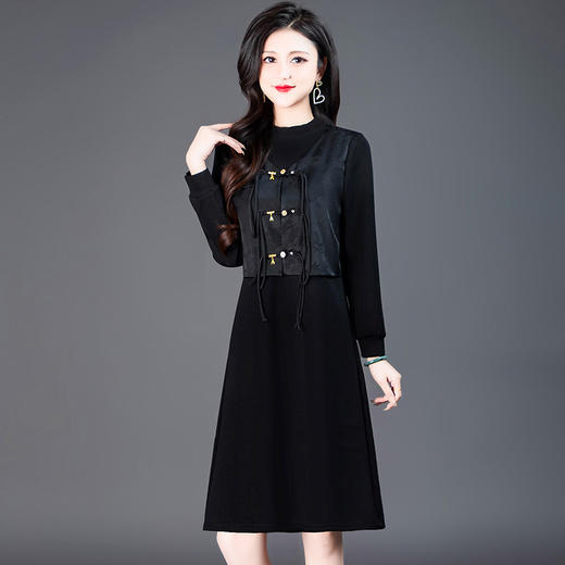 QYM-53408新中式假两件连衣裙黑色高腰长袖时尚气质优雅女装春装新款A字裙 商品图5