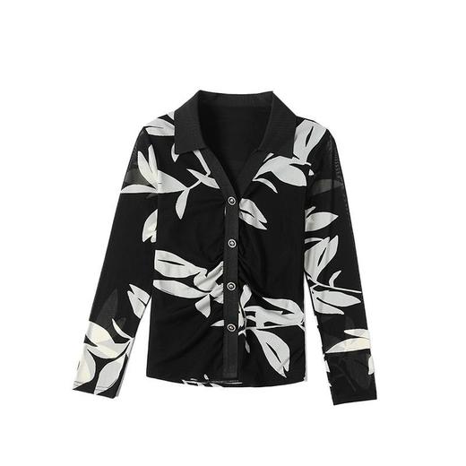 雀说 春秋季印花网纱打底衫女衬衫洋气时尚独特显瘦收腰上衣4ZF-021911 商品图4