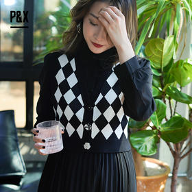 PX女装春季新款  学院风两件套装短裙菱格 824114814 黑色