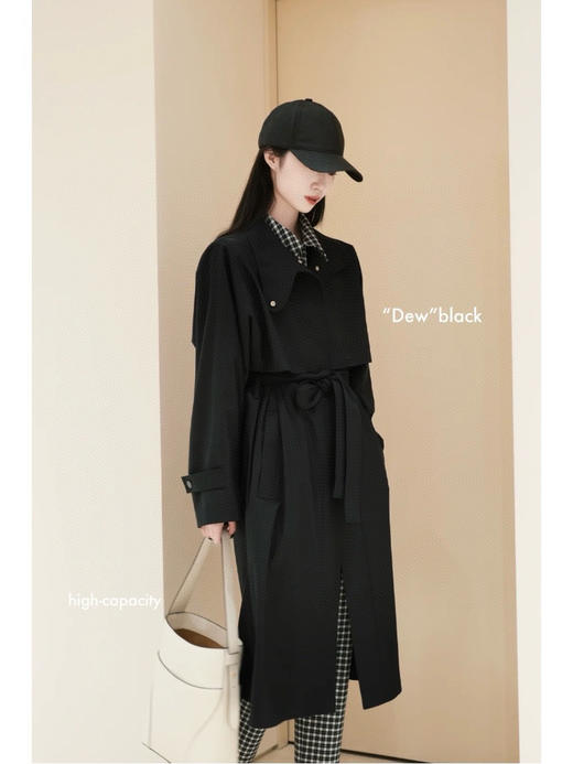 226-5自留 神秘优雅 小禾露珠系列 柔滑垂坠 自然防风雨 黑色立领风衣 商品图14