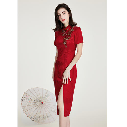 司歌桑蚕丝短袖旗袍中式开叉A891162X 商品图0