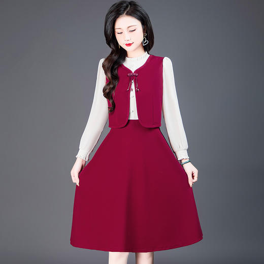 QYM-53406新中式假两件连衣裙2024年春装新款长袖中长款高腰A字裙 商品图5