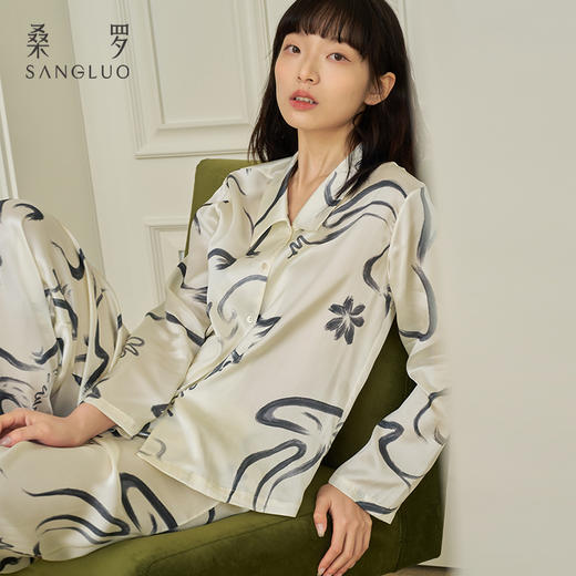 SANGLUO印花真丝睡衣女士可外穿家居服100%桑蚕丝二件套装 商品图3
