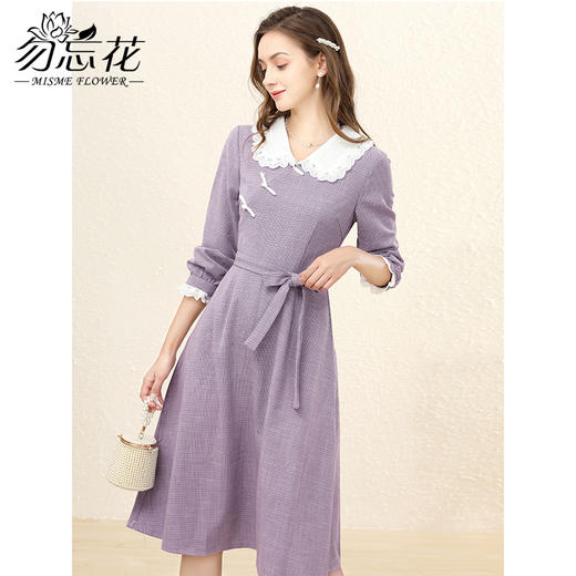勿忘花紫色格子复古娃娃领连衣裙女2025春季新款长裙衬衫内搭裙子 商品图0