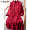 未风红色连衣裙女春季2025春装新款女装气质显瘦通勤百褶裙连衣裙 商品缩略图2