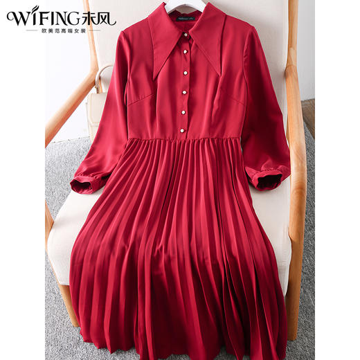 未风红色连衣裙女春季2025春装新款女装气质显瘦通勤百褶裙连衣裙 商品图2