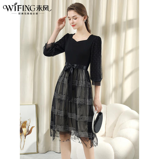 未风黑色网纱连衣裙女春2024春季新款女装气质假两件收腰a字裙子 商品图2