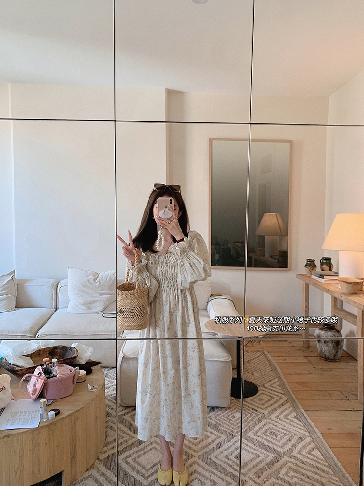 金蘑菇菇 crush花束恋爱 / 重工100棉法式田园风藏肉印花连衣裙子