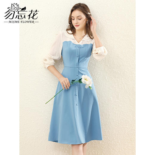 勿忘花天蓝色拼接假两件连衣裙女2025春季新款长袖娃娃领内搭裙子 商品图2