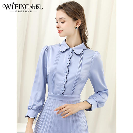 未风蓝色显瘦连衣裙女春2025年春季新款女装气质修身长袖百褶裙子 商品图2