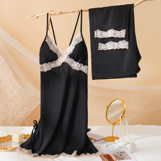法式蕾丝冰丝缎面吊带睡裙套装性感美背睡衣带睡袍家居服2283冰之蓝睡裙 商品图4