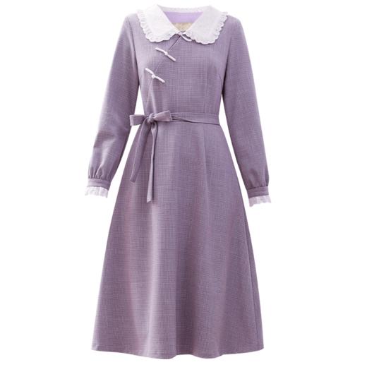 勿忘花紫色格子复古娃娃领连衣裙女2025春季新款长裙衬衫内搭裙子 商品图3