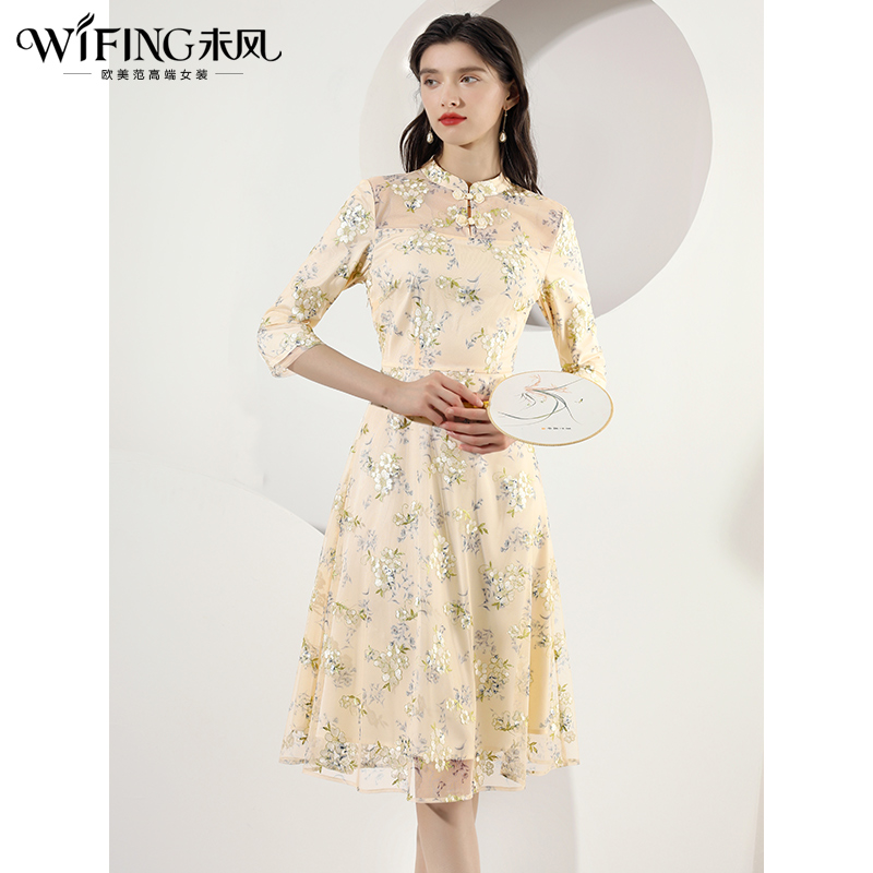 未风网纱刺绣改良旗袍领连衣裙女春2024春季新款女装国风长款裙子