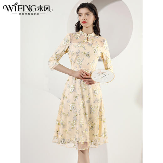 未风网纱刺绣改良旗袍领连衣裙女春2024春季新款女装国风长款裙子 商品图0