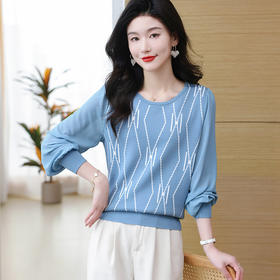 雪纺拼接针织衫，女春秋装新款宽松打底上衣洋气百搭冰丝长袖T恤薄CC-28-1135
