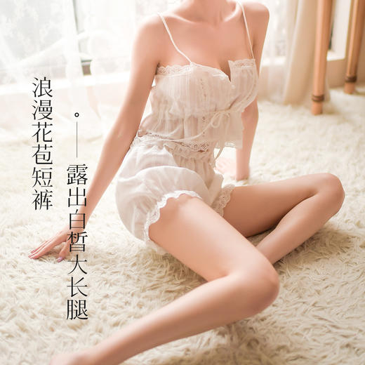 【100%棉 纯欲套装】法式浪漫提花蕾丝吊带花苞短裤睡衣套装9002白色天使套装 商品图4