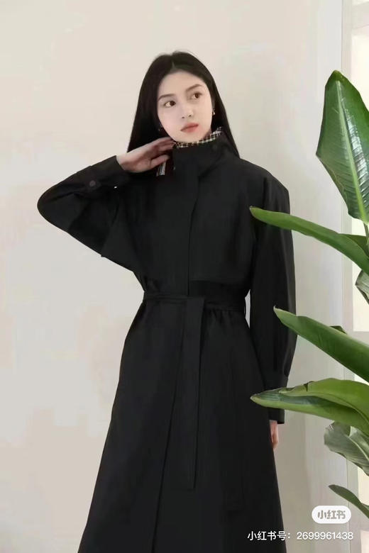 226-5自留 神秘优雅 小禾露珠系列 柔滑垂坠 自然防风雨 黑色立领风衣 商品图7