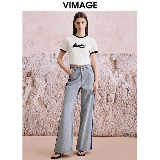 VIMAGE纬漫纪夏季新款时尚百搭打底舒适撞色短款T恤女V2102706 商品图1
