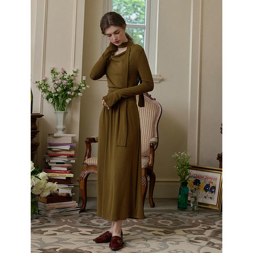 SimpleRetro晚枫落日 法式修身针织连衣裙女长袖气质显瘦a字长裙 商品图2