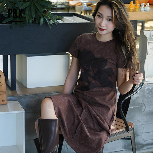 PX女装夏季新款 休闲风全棉短袖时尚连衣长裙 824208282咖色 商品图2
