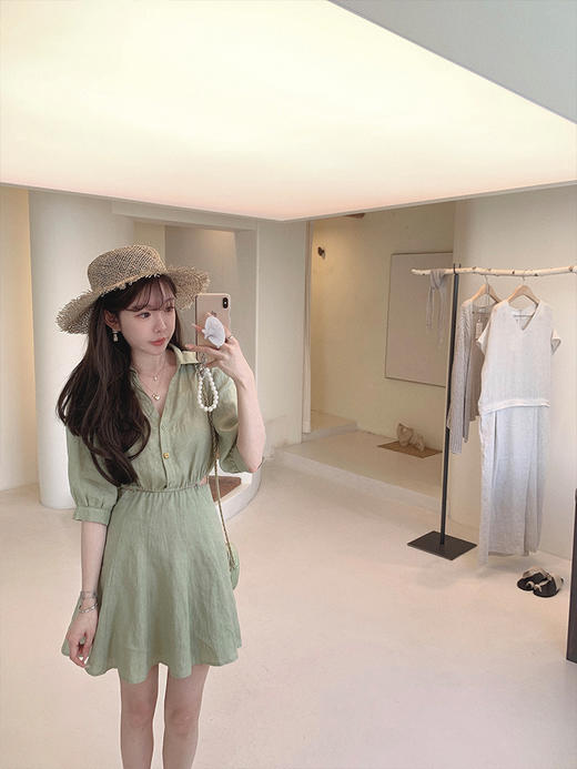 金蘑菇菇 双生 清爽甜系 私服V领高腰茶歇法式连衣裙女小个子短裙 商品图0