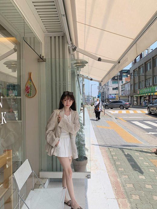 金蘑菇菇 feerique法国雨露/亚麻三件套薄款西装背心短裤套装洋气 商品图4