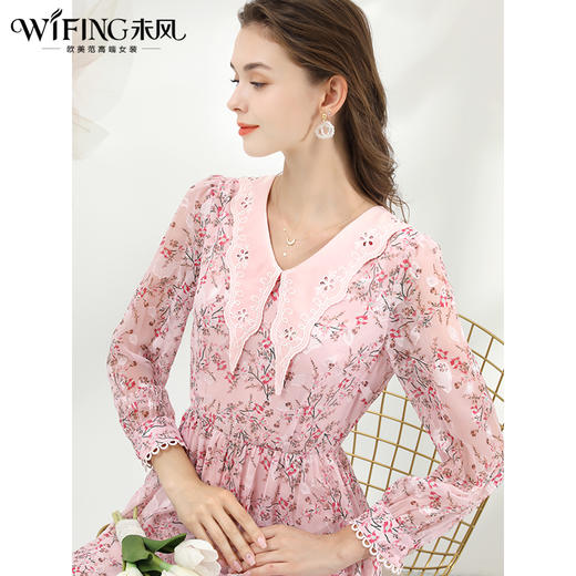 未风粉色雪纺碎花连衣裙女春2024春季新款女装气质法式长袖裙子 商品图2