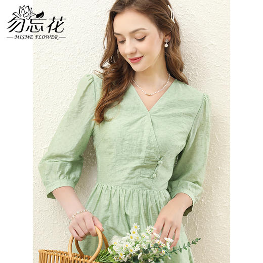 勿忘花绿色气质天丝连衣裙女装2023秋季新款复古时尚名媛别致裙子 商品图1