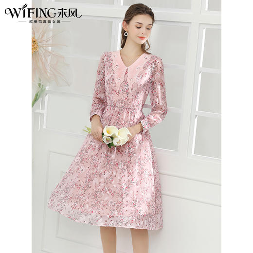 未风粉色雪纺碎花连衣裙女春2024春季新款女装气质法式长袖裙子 商品图1