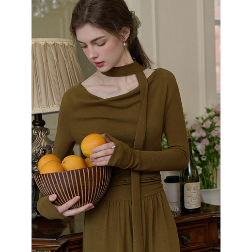 SimpleRetro晚枫落日 法式修身针织连衣裙女长袖气质显瘦a字长裙 商品图3